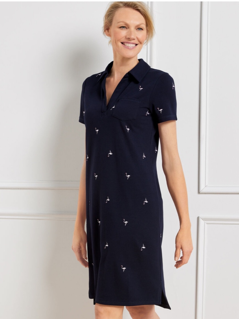 T by Talbots Pique Polo Dress - Embroidered Flamingo UPF 50+